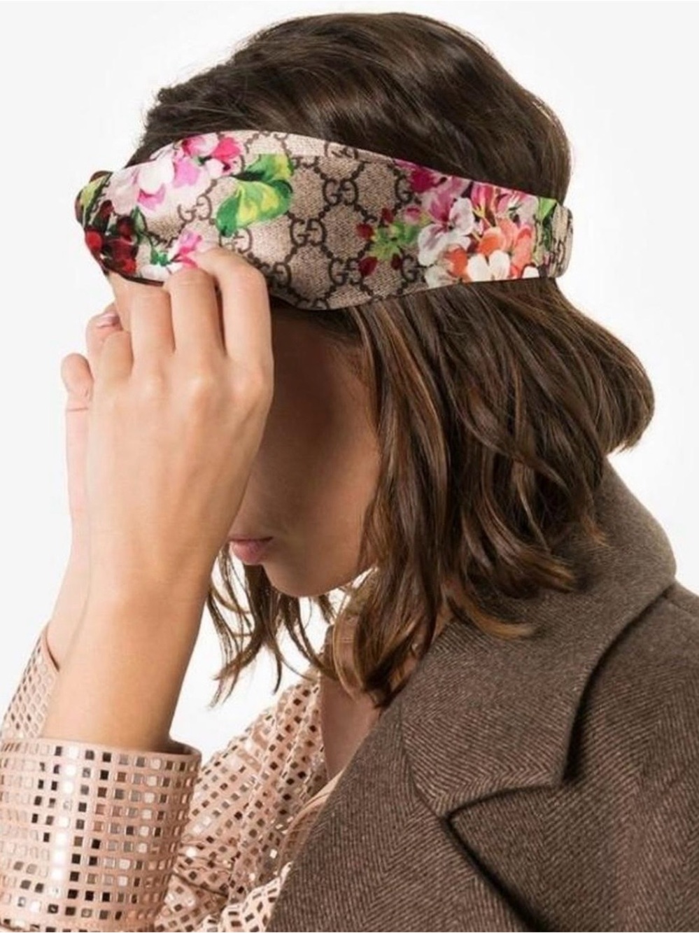 Gucci Beige GG Floral Headband with Pink and Green Accents